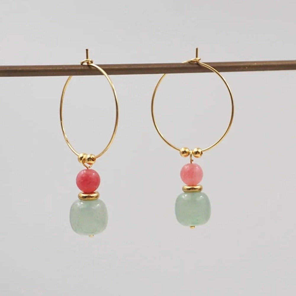Gold Tone Jade Agate Hoop Earrings Green Pink Gemstone Dangle Handmade Jewelry